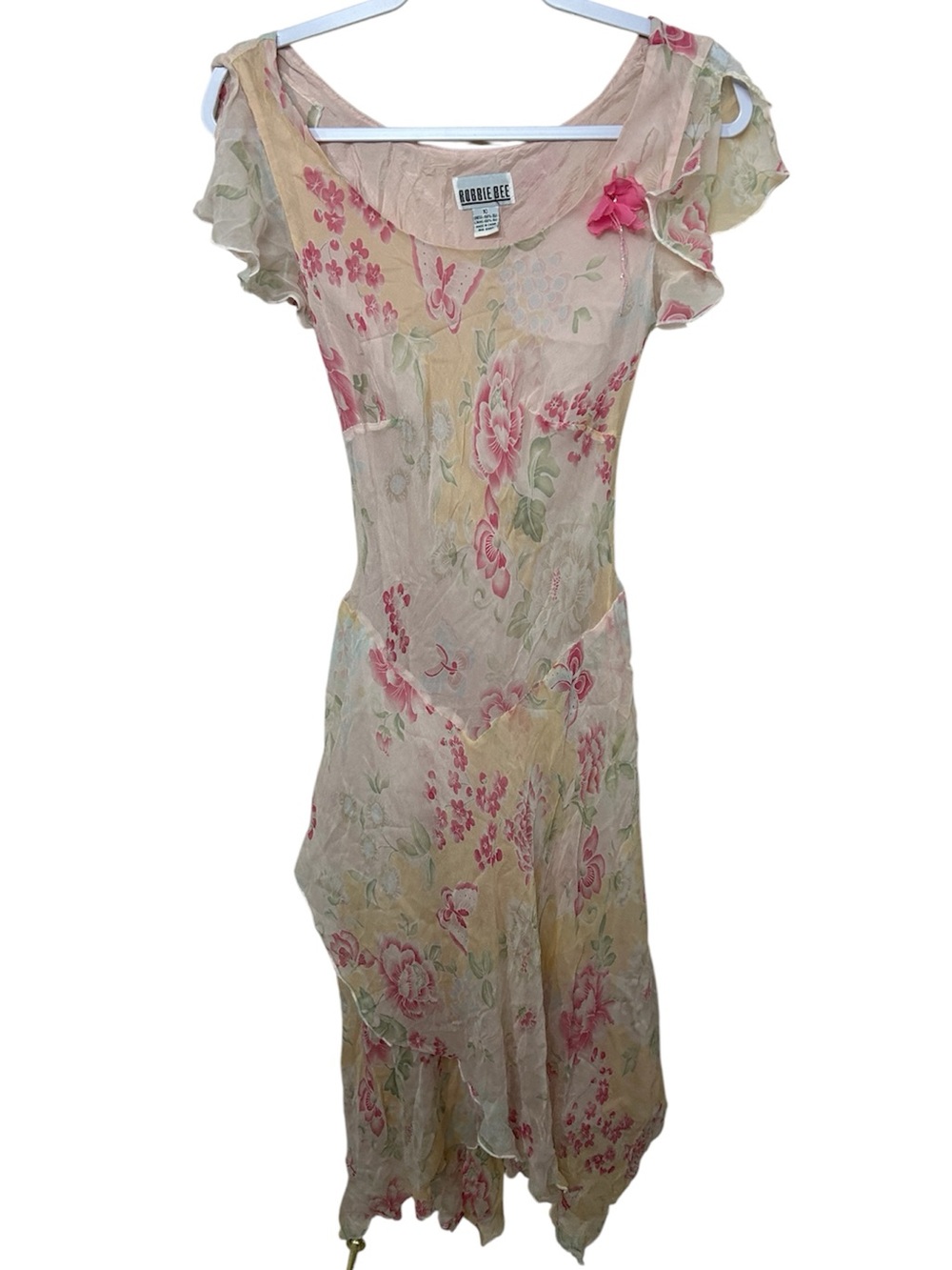 Robbie Bee Vintage Silk Floral Fairycore Whimsy Pink Sheer Midi Dress